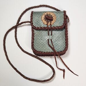 Bohemian Leather Purse Woven Strap Boho Bag Loop Pull Closure Teal Brown Tan